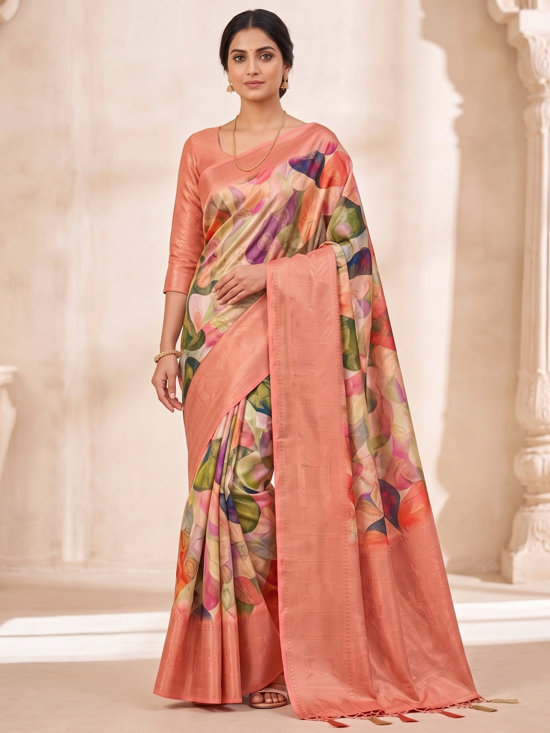 Peachmode Peach Digital Printed Jacquard Art Silk Saree - Image 4