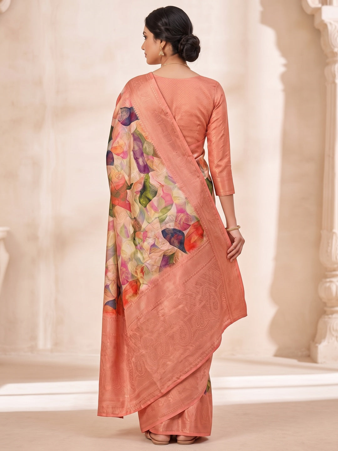 Peachmode Peach Digital Printed Jacquard Art Silk Saree - Image 5