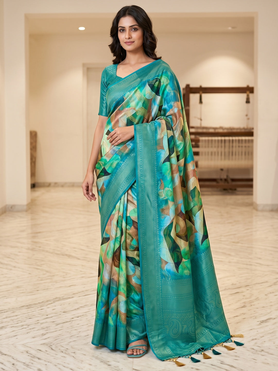 Peachmode Teal Digital Printed Jacquard Art Silk Saree - Image 1