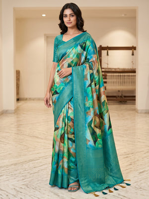 Peachmode Teal Digital Printed Jacquard Art Silk Saree - Image 1