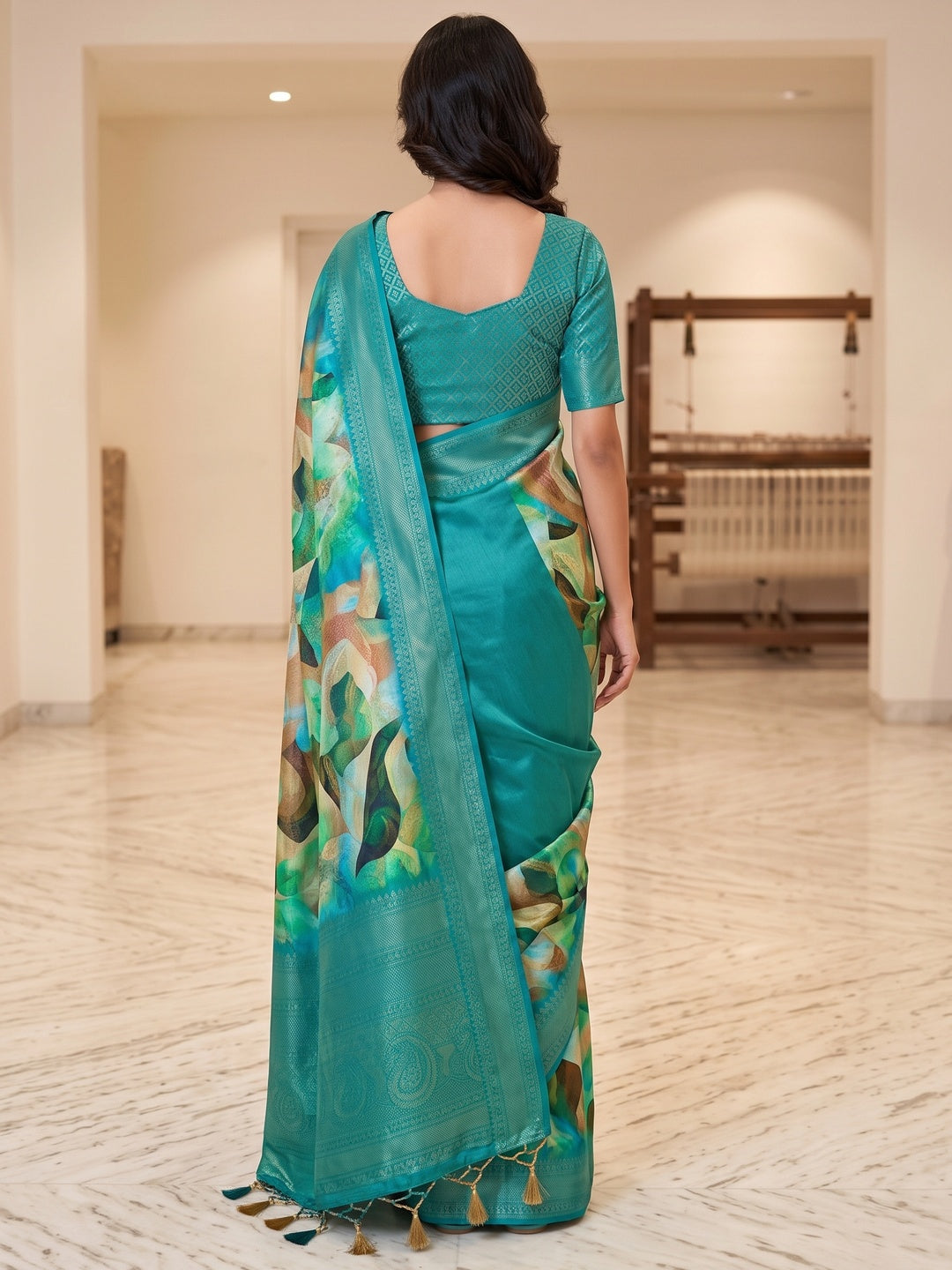 Peachmode Teal Digital Printed Jacquard Art Silk Saree - Image 5
