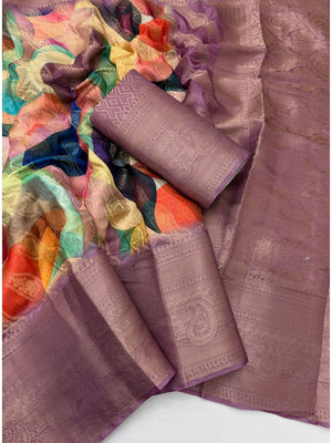 Peachmode Mauve Digital Printed Jacquard Art Silk Saree - Image 2