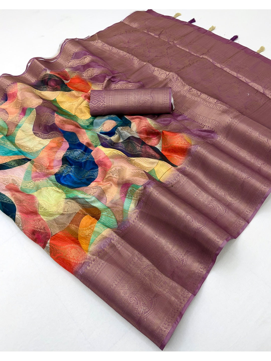 Peachmode Mauve Digital Printed Jacquard Art Silk Saree - Image 3