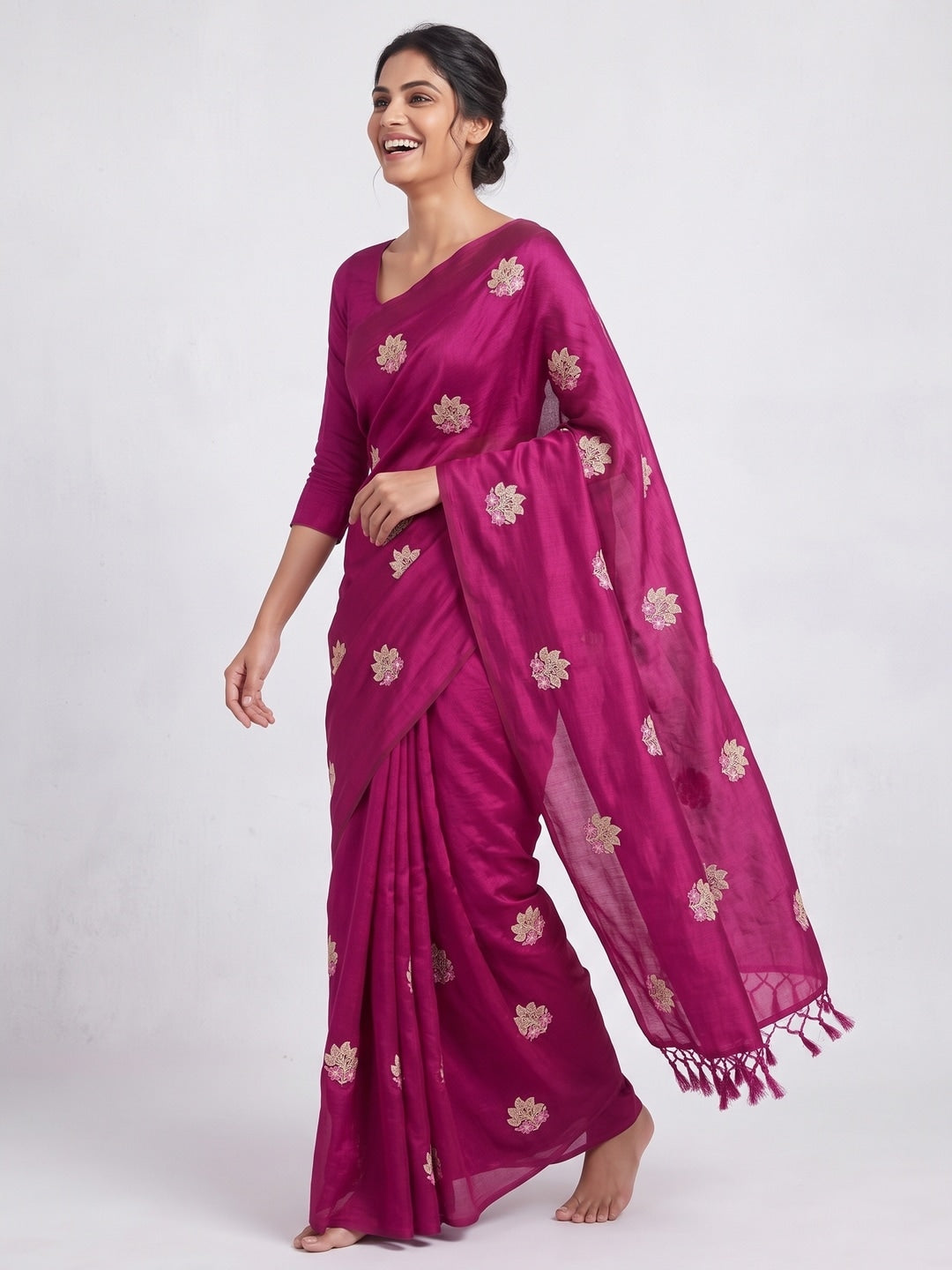 Peachmode Magenta Vichitra Silk Floral Embroidered Saree - Image 5