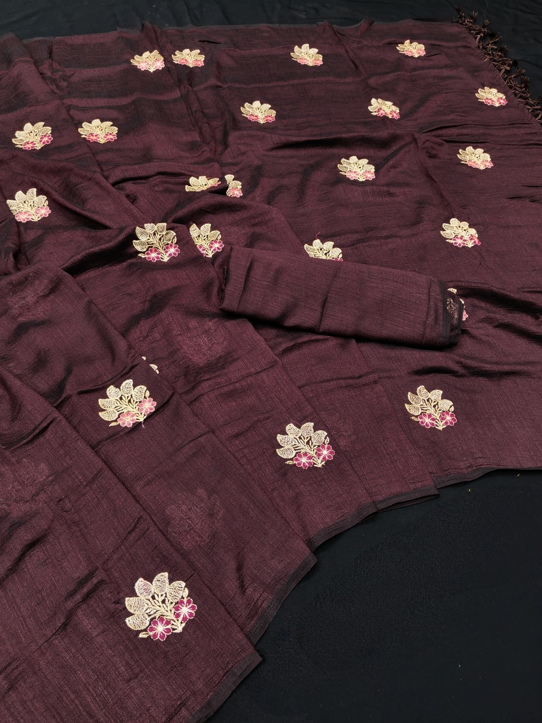 Peachmode Brown Vichitra Silk Floral Embroidered Saree - Image 2