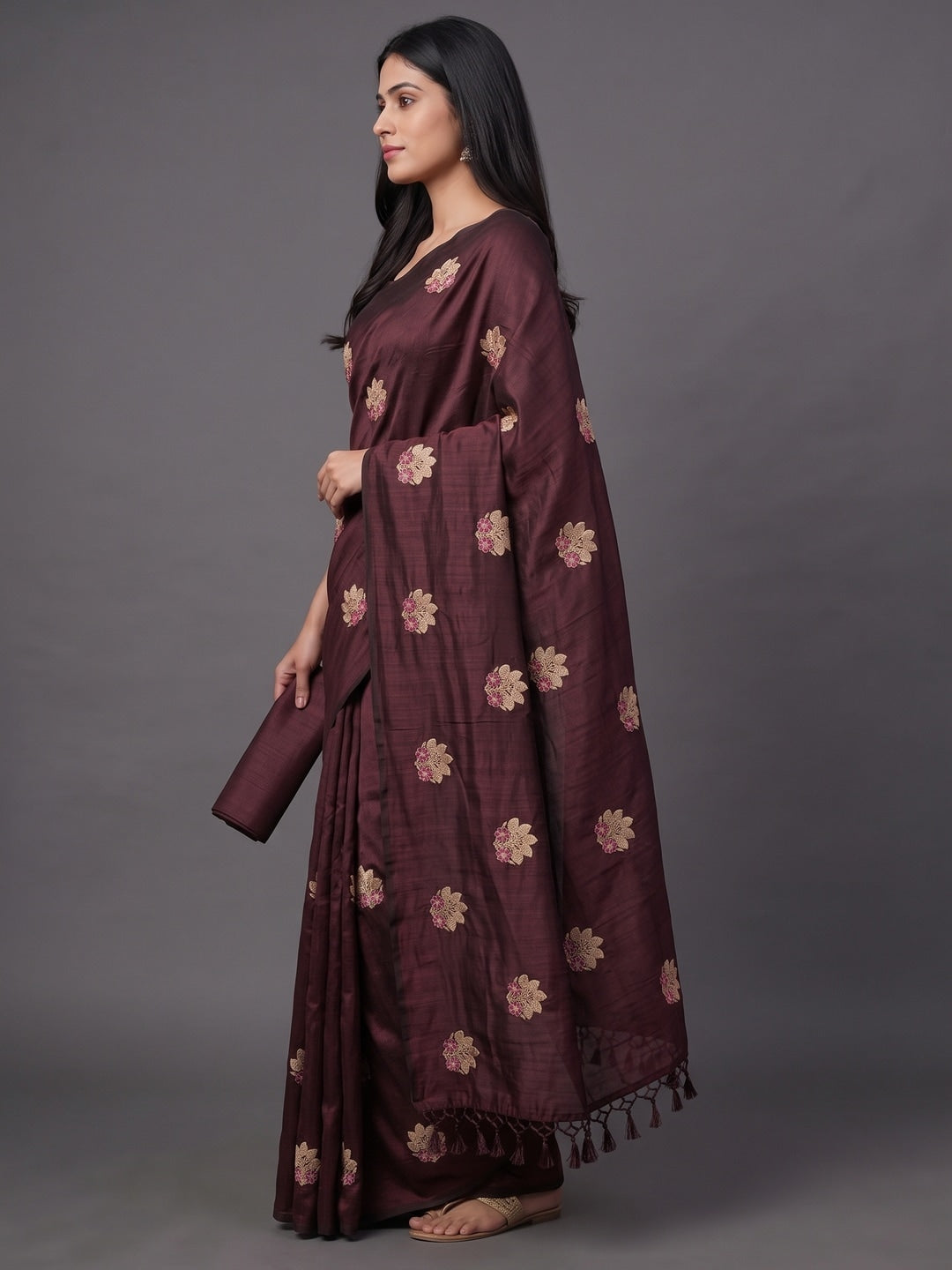 Peachmode Brown Vichitra Silk Floral Embroidered Saree - Image 4