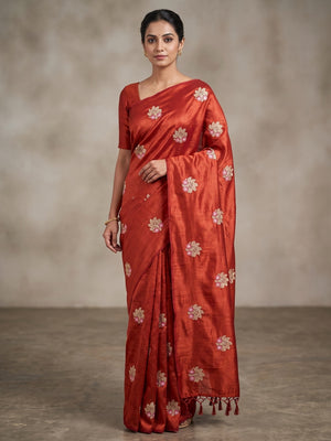 Peachmode Rust Vichitra Silk Floral Embroidered Saree - Image 1