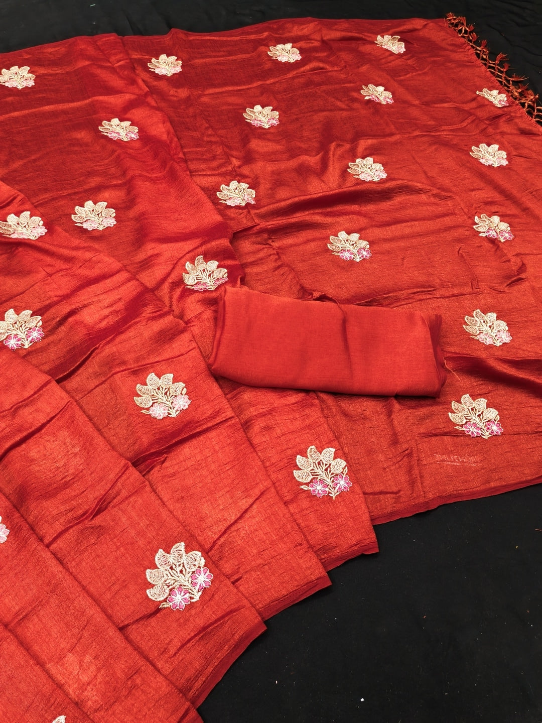 Peachmode Rust Vichitra Silk Floral Embroidered Saree - Image 2