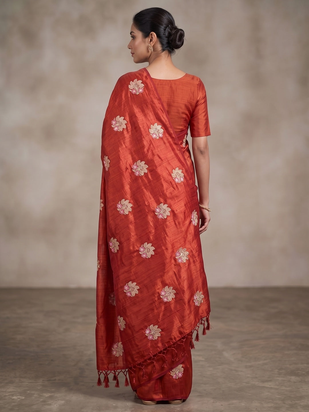 Peachmode Rust Vichitra Silk Floral Embroidered Saree - Image 3