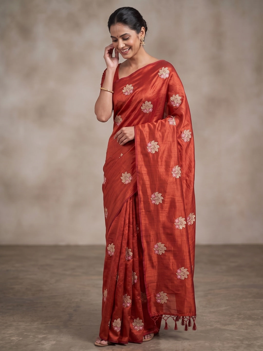 Peachmode Rust Vichitra Silk Floral Embroidered Saree - Image 5