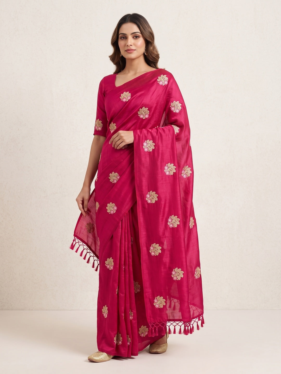 Peachmode Rani Pink Vichitra Silk Floral Embroidered Saree - Image 1