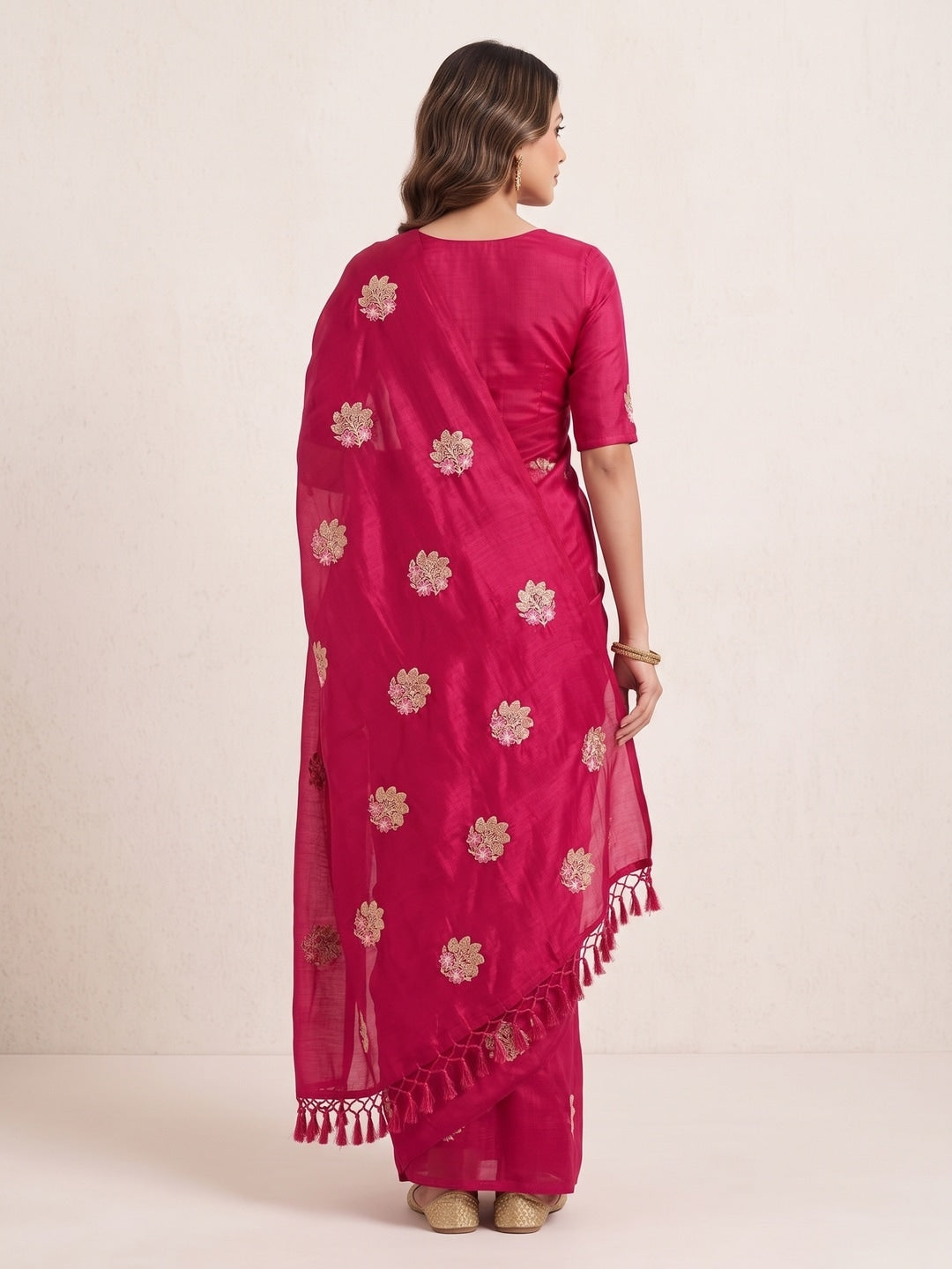 Peachmode Rani Pink Vichitra Silk Floral Embroidered Saree - Image 3