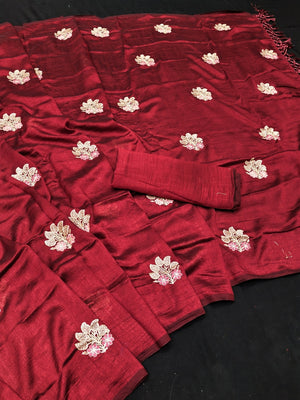 Peachmode Maroon Vichitra Silk Floral Embroidered Saree - Image 2