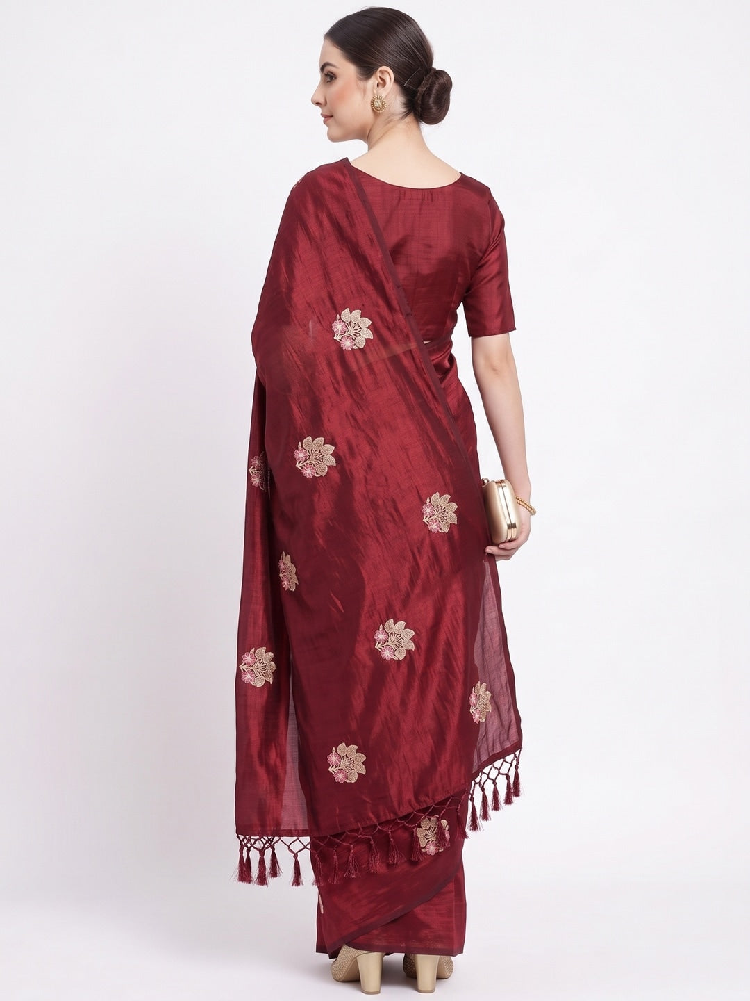 Peachmode Maroon Vichitra Silk Floral Embroidered Saree - Image 3