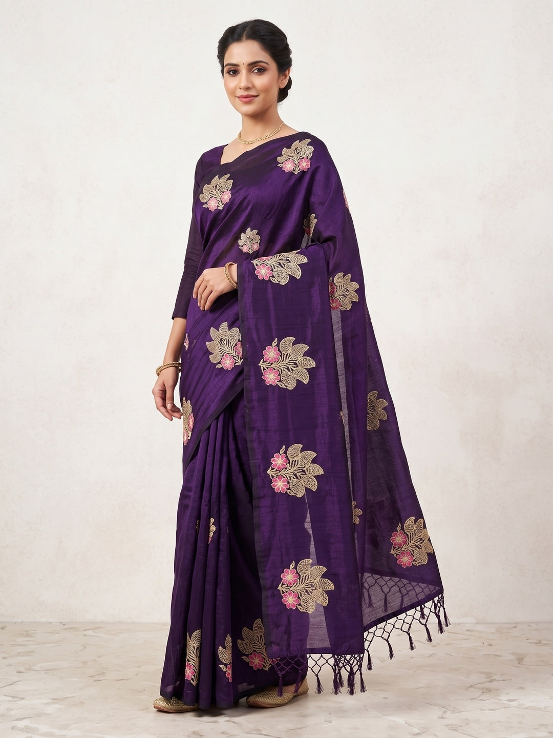 Peachmode Purple Vichitra Silk Floral Embroidered Saree - Image 1