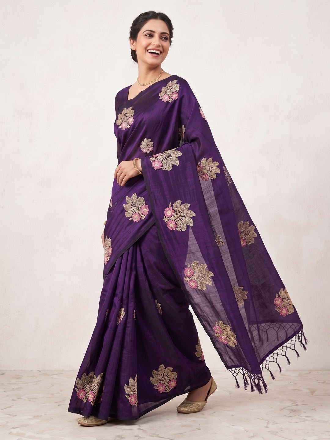 Peachmode Purple Vichitra Silk Floral Embroidered Saree - Image 5