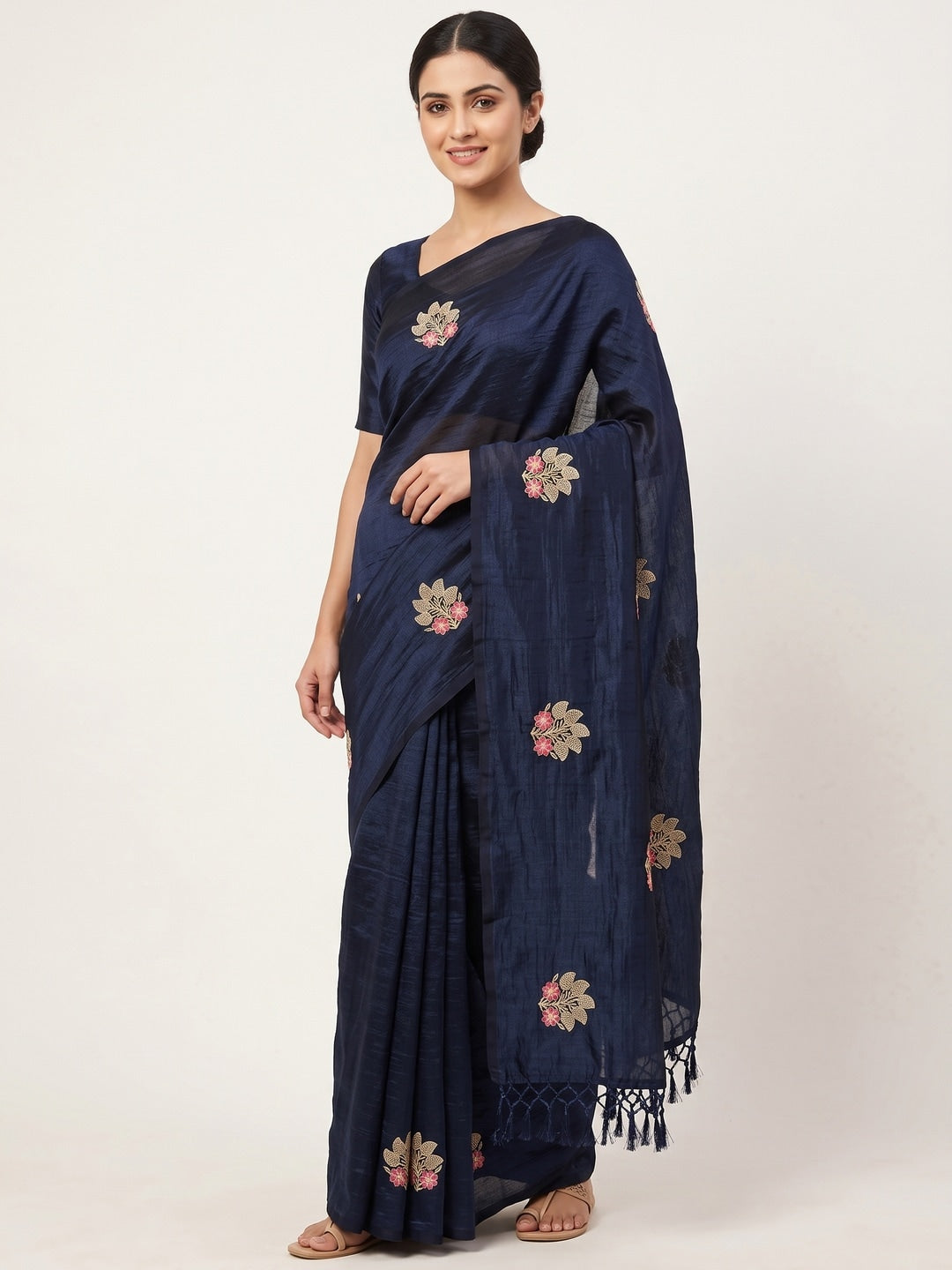 Peachmode Navy Blue Vichitra Silk Floral Embroidered Saree - Image 1