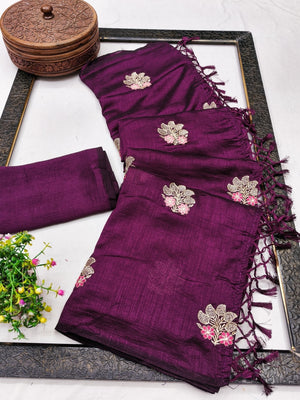 Peachmode Plum Vichitra Silk Floral Embroidered Saree - Image 2
