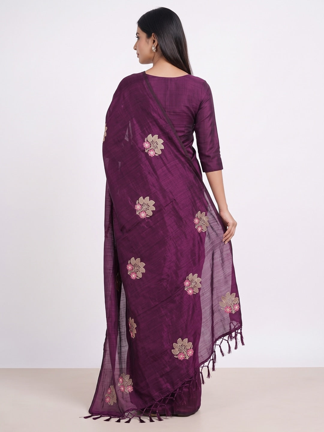 Peachmode Plum Vichitra Silk Floral Embroidered Saree - Image 3