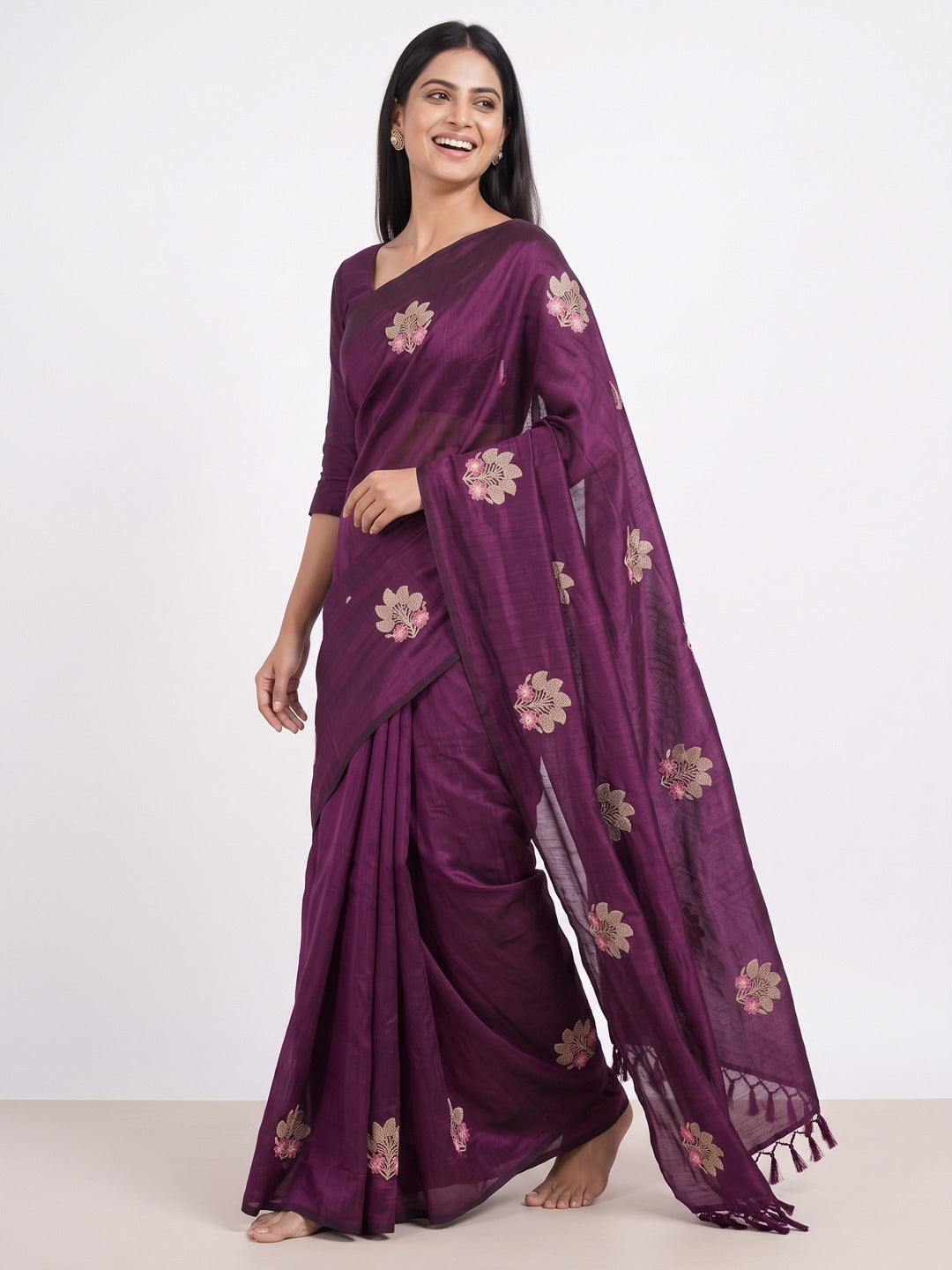 Peachmode Plum Vichitra Silk Floral Embroidered Saree - Image 5