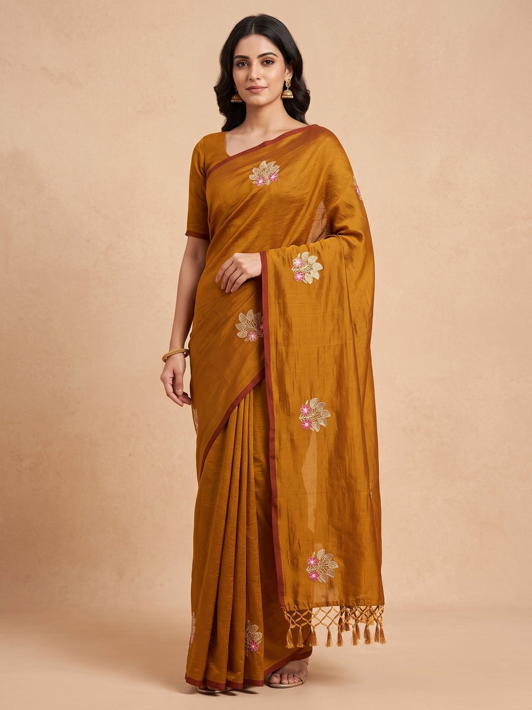 Peachmode Mustard Vichitra Silk Floral Embroidered Saree - Image 1