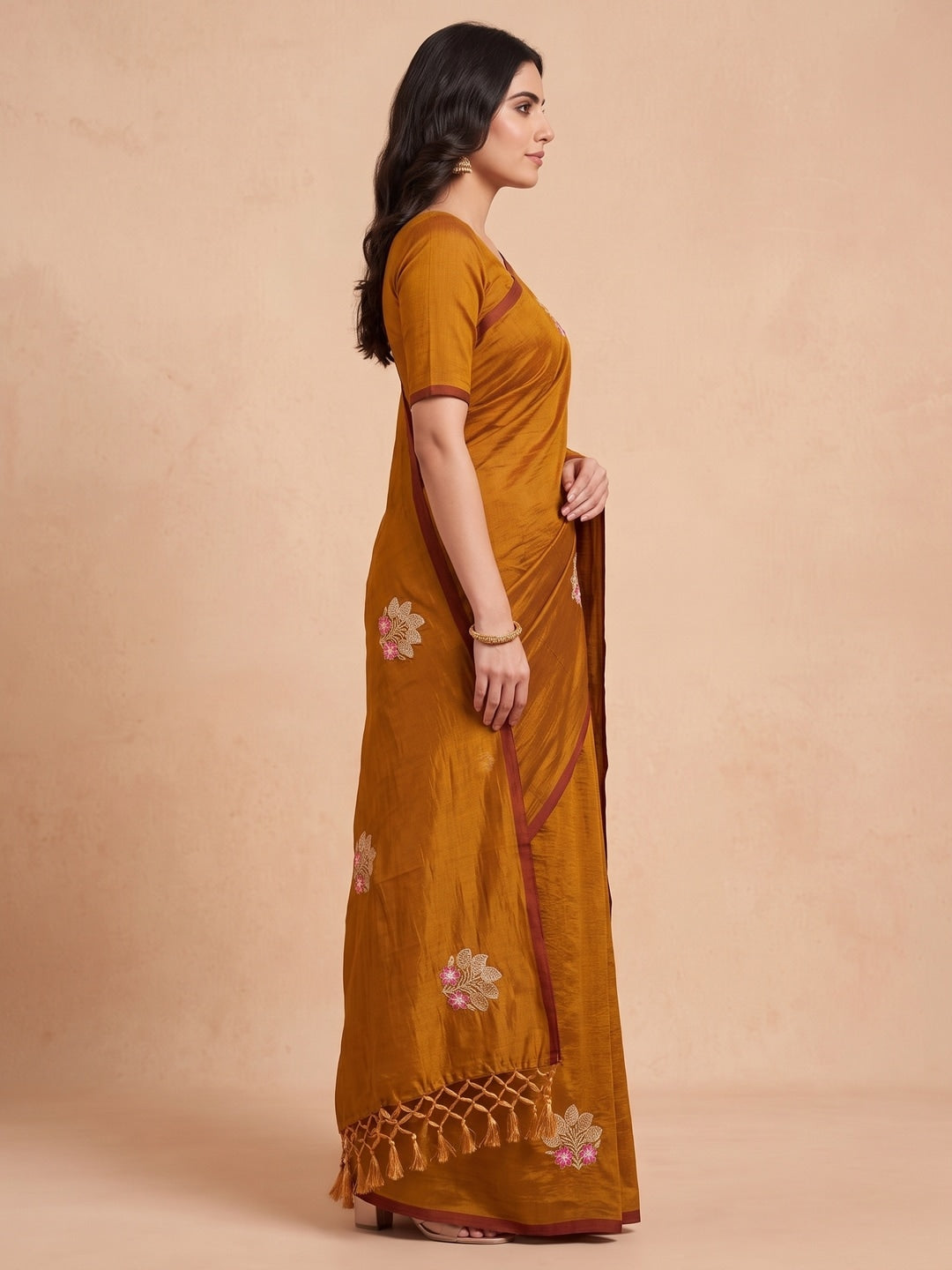 Peachmode Mustard Vichitra Silk Floral Embroidered Saree - Image 4