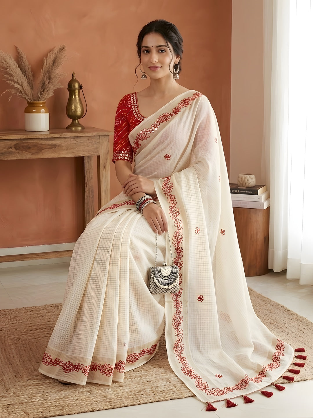 Peachmode Cream Gota Patti Work Tussar Silk Saree - Image 3