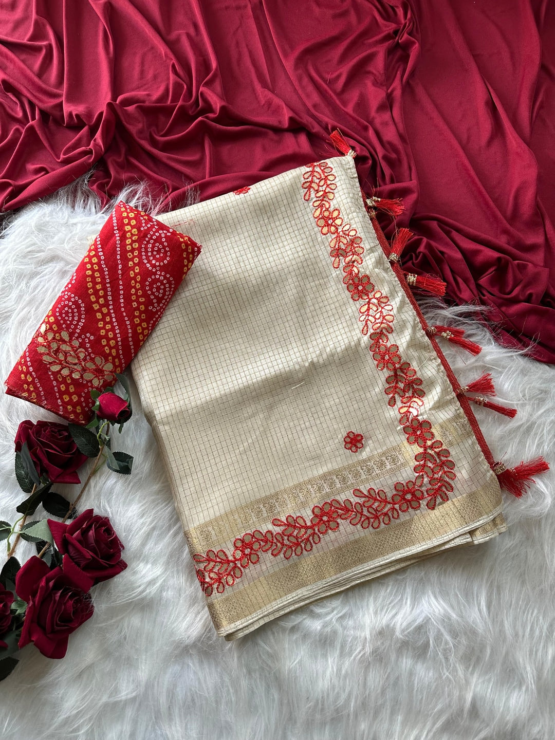 Peachmode Cream Gota Patti Work Tussar Silk Saree - Image 4