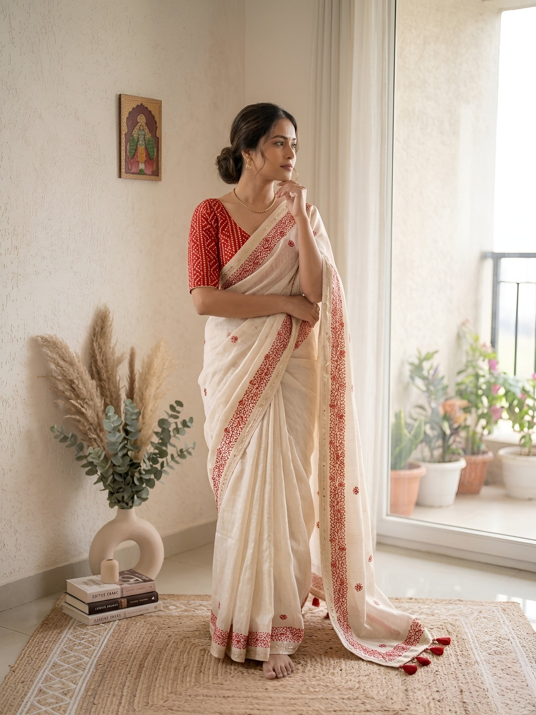Peachmode Cream Gota Patti Work Tussar Silk Saree - Image 3