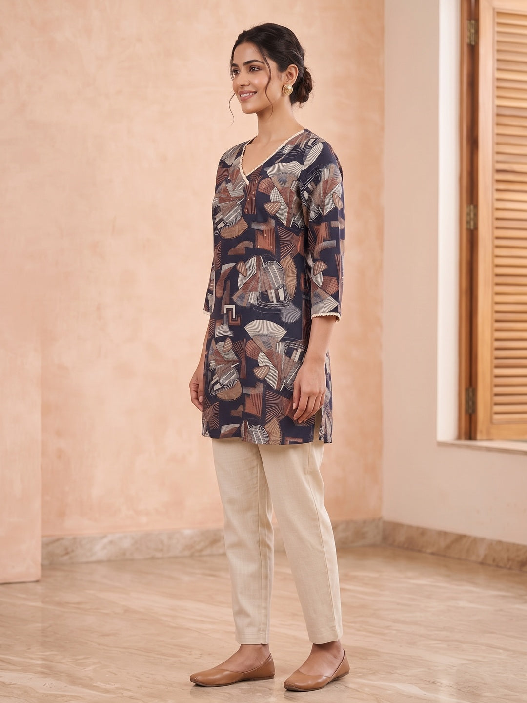 Navy Blue Rayon Abstract Printed Embellished A-Line Top - Image 4