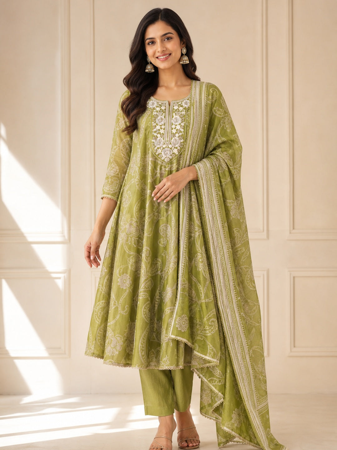 Pista Green Chanderi Silk Embroidered Salwar Suit Set - Image 1