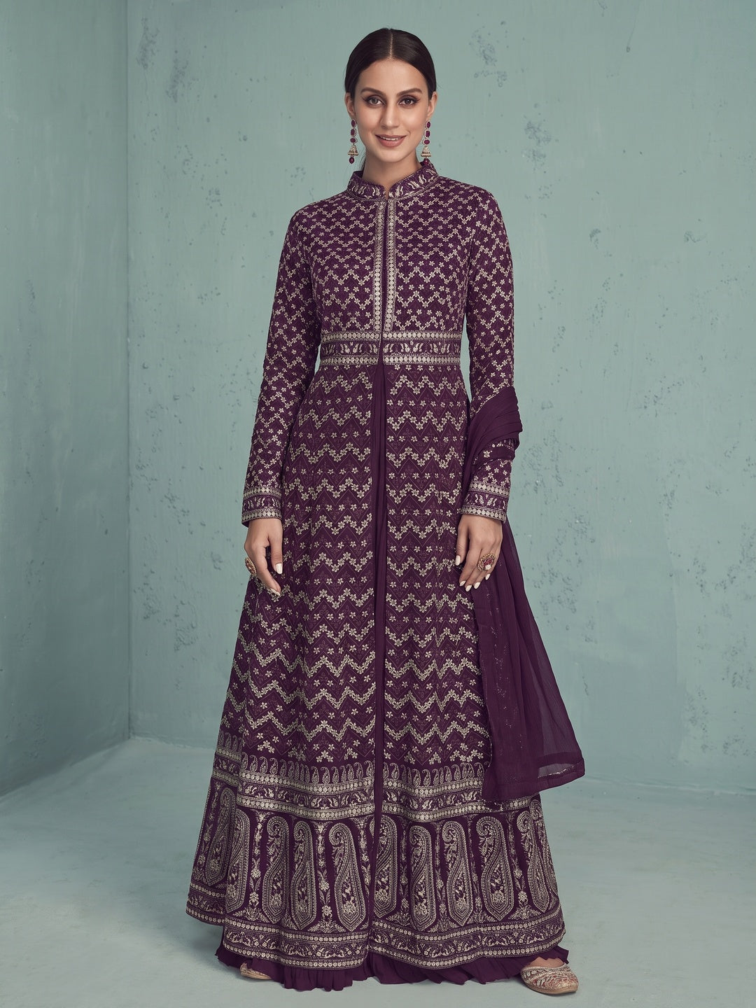 Purple Floral Embroidered Georgette Front Slit Suit - Image 1