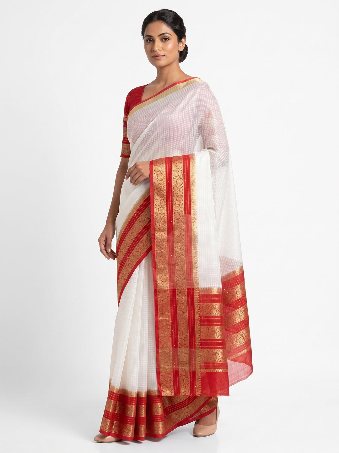 White & Red Kerala Checked Style Organza Saree - Image 1