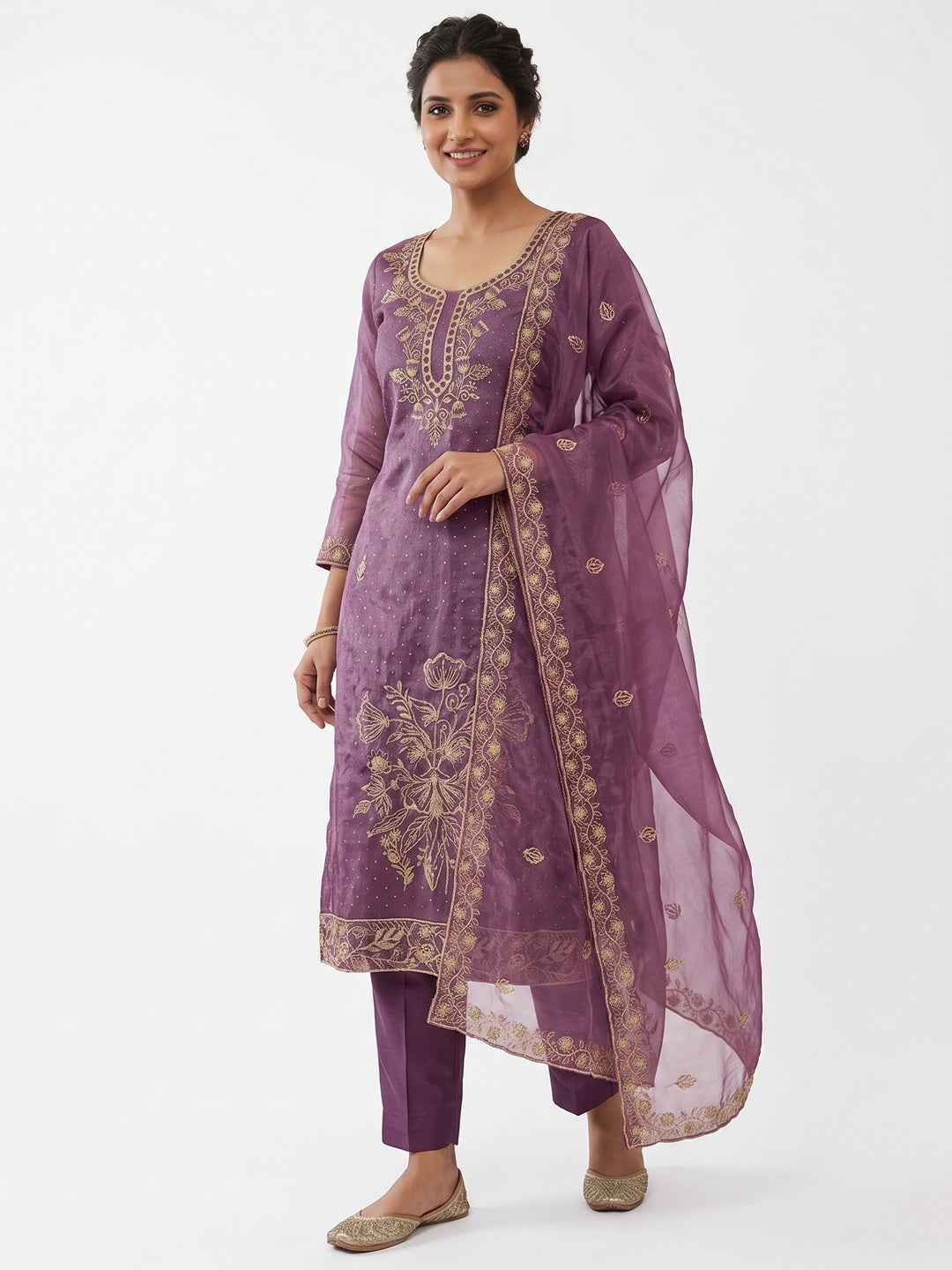 Sophisticated Purple Floral Embroidered Organza Dress Material With Fine Swarovski Accents - Image 2
