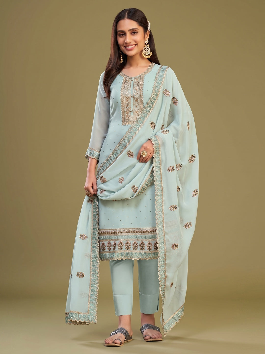 Blue Floral Embroidery With Swarovski Work Georgette Semi Stitched Suit - Image 1
