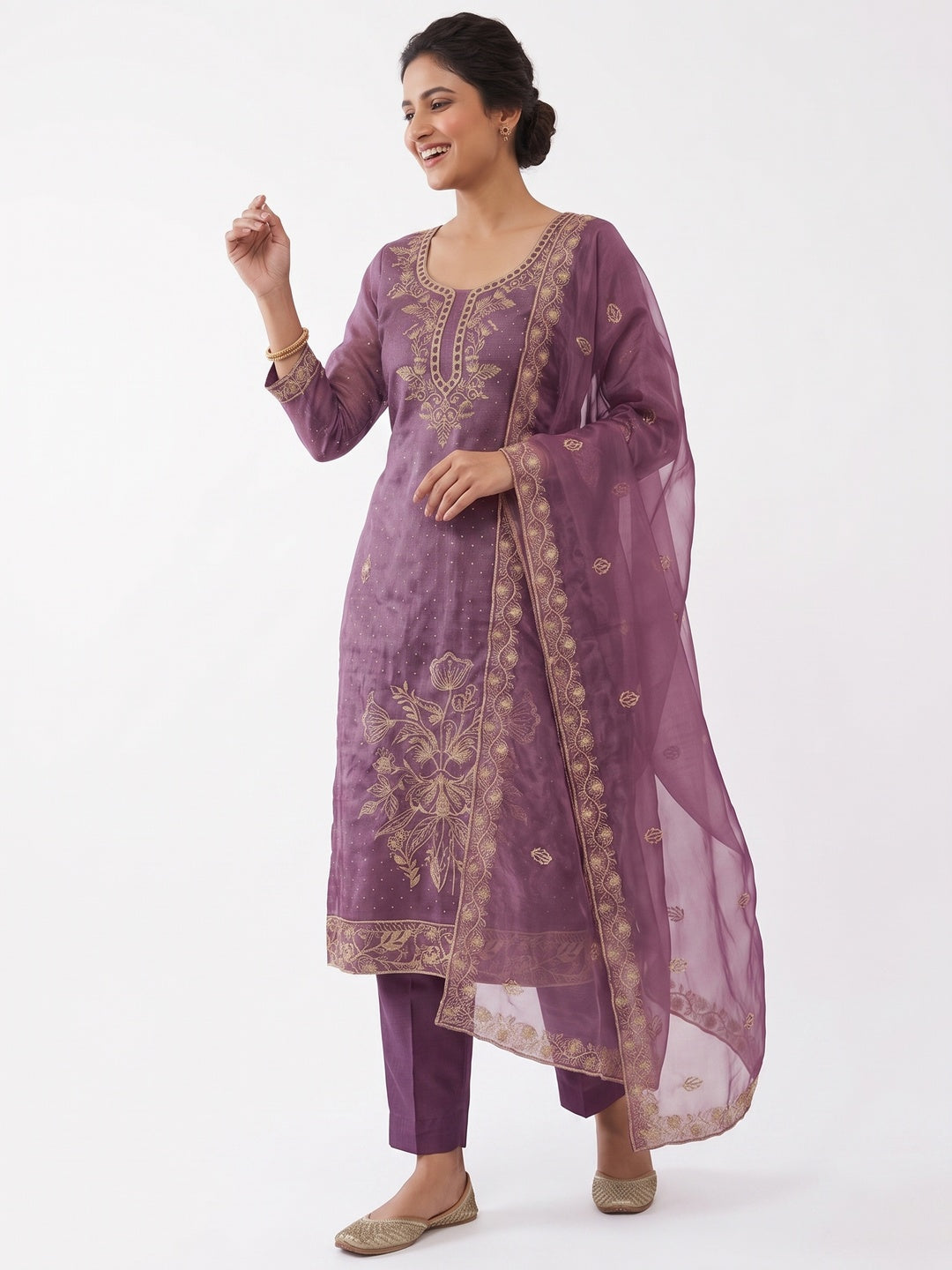 Sophisticated Purple Floral Embroidered Organza Dress Material With Fine Swarovski Accents - Image 3