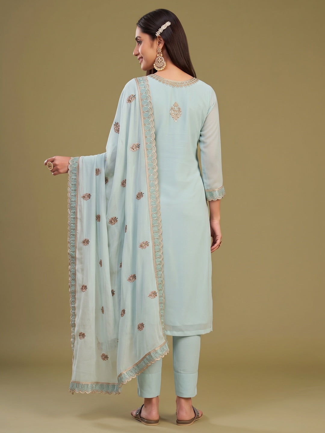 Blue Floral Embroidery With Swarovski Work Georgette Semi Stitched Suit - Image 2