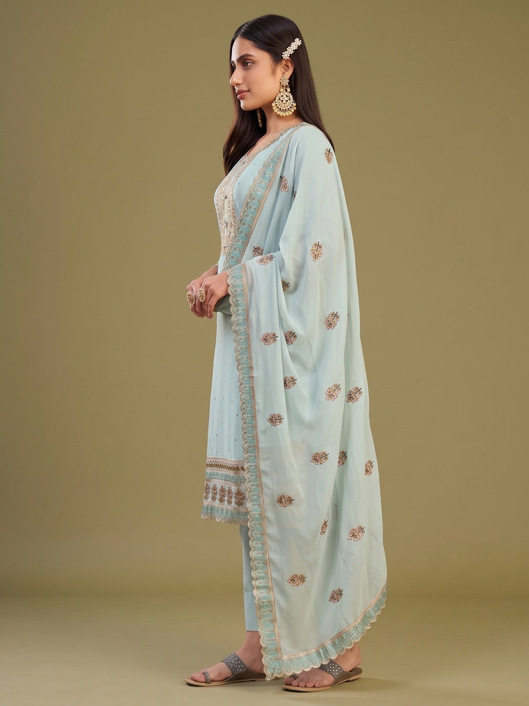 Blue Floral Embroidery With Swarovski Work Georgette Semi Stitched Suit - Image 3