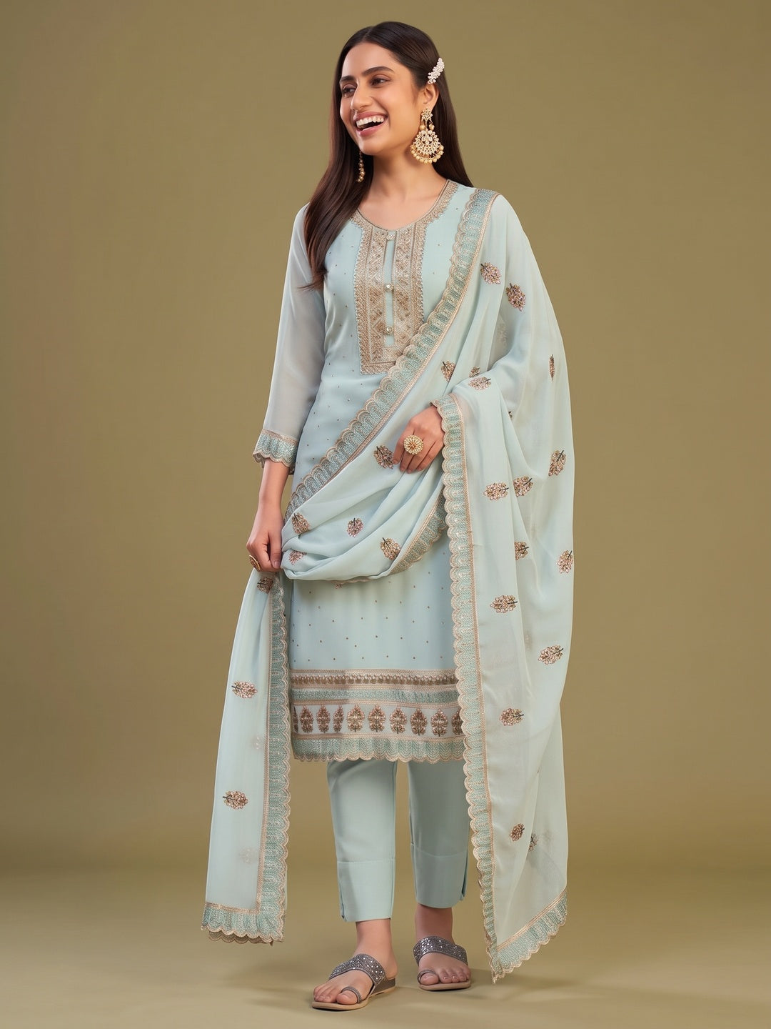 Blue Floral Embroidery With Swarovski Work Georgette Semi Stitched Suit - Image 4