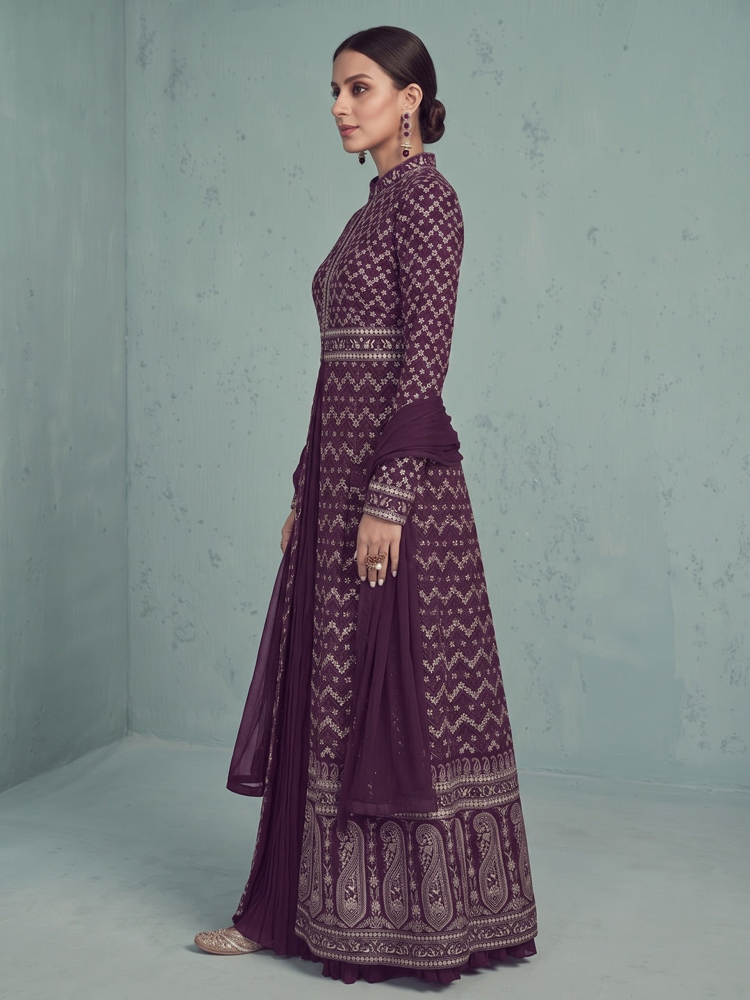 Purple Floral Embroidered Georgette Front Slit Suit - Image 3