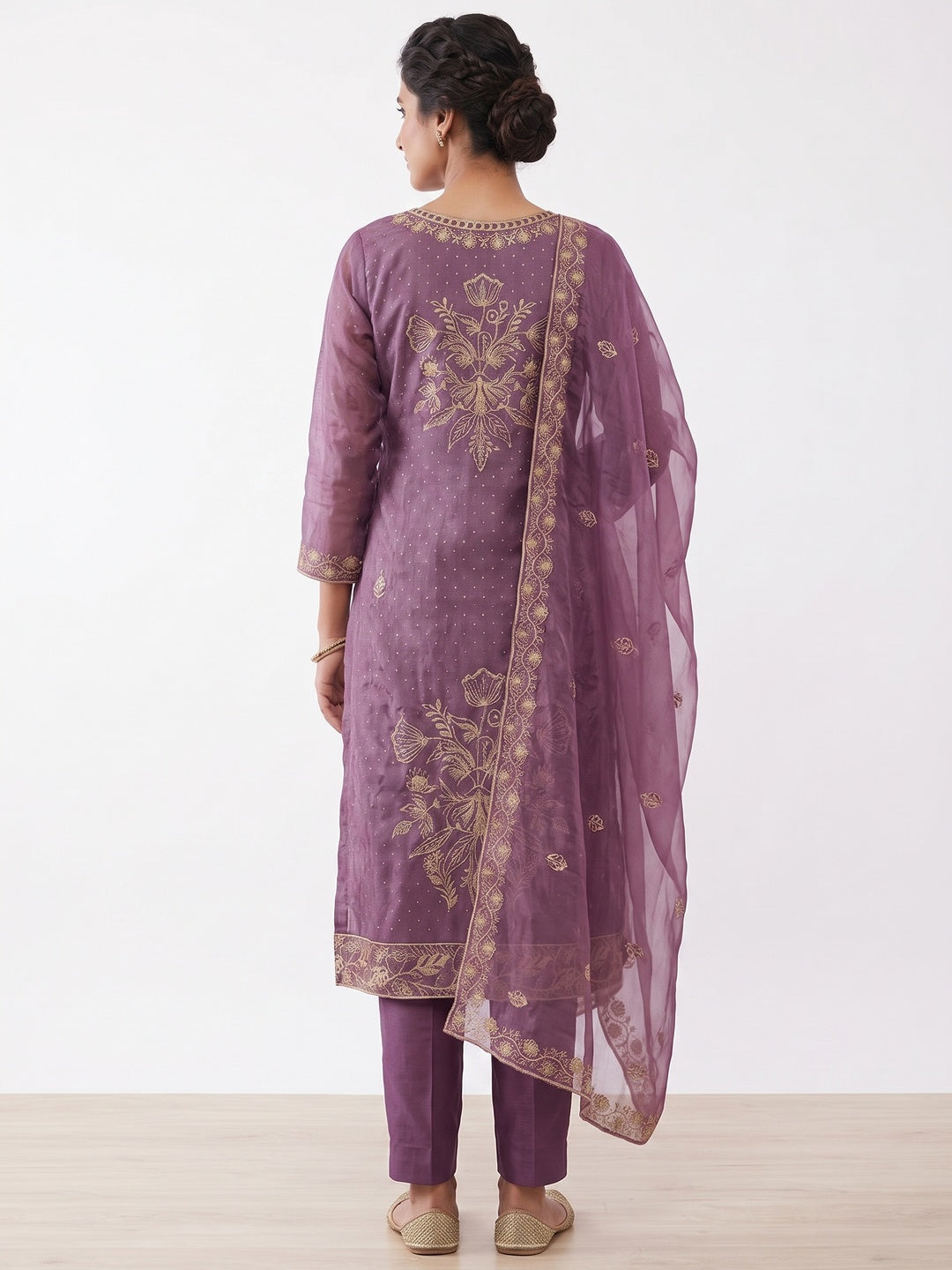 Sophisticated Purple Floral Embroidered Organza Dress Material With Fine Swarovski Accents - Image 4
