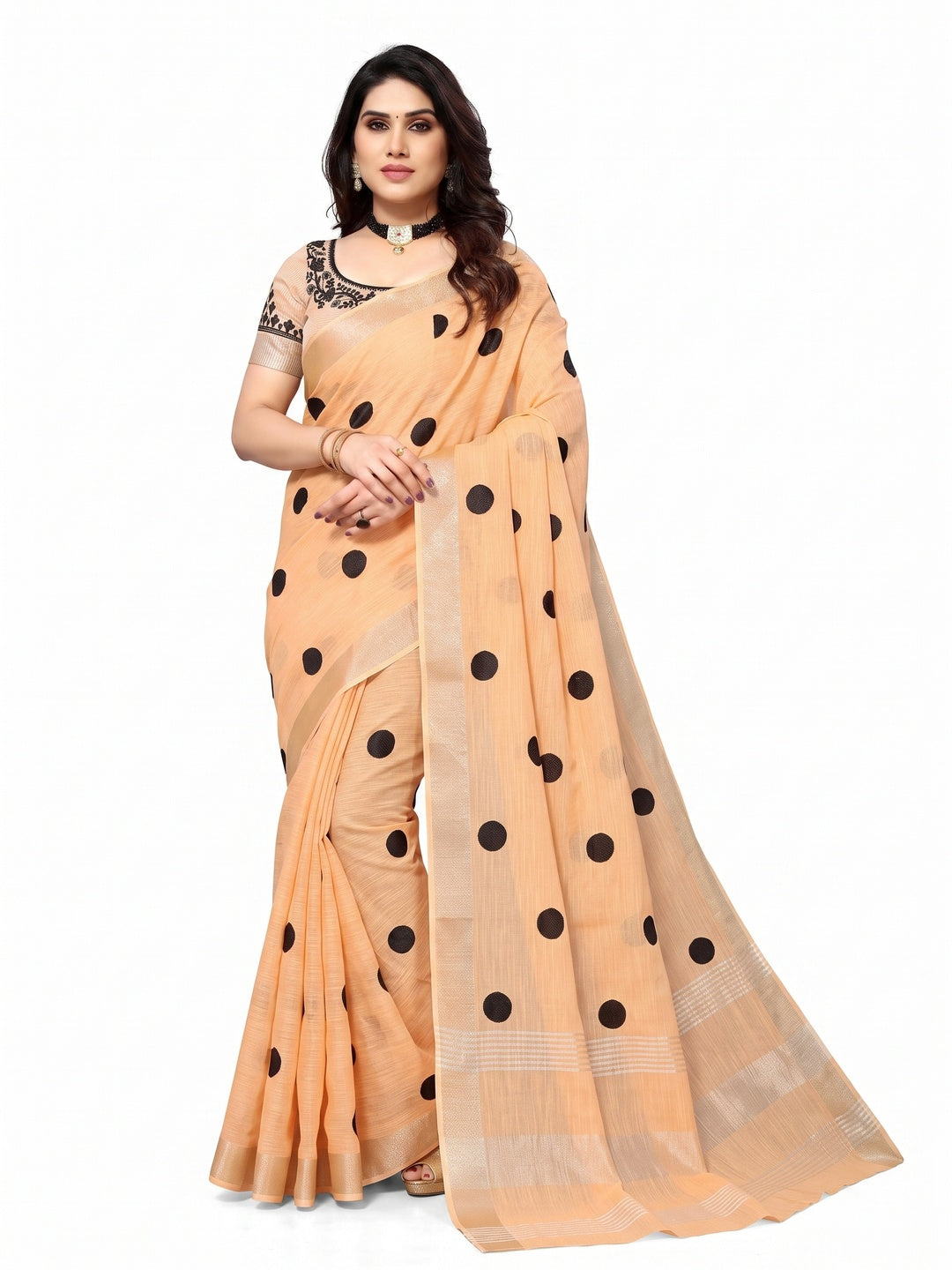Orange Embroidered Linen Cotton Saree With Zari Border - Image 1