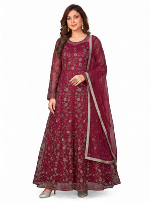 Pink Embroidered Net Semi Stitched Anarkali Style Suit - Image 1