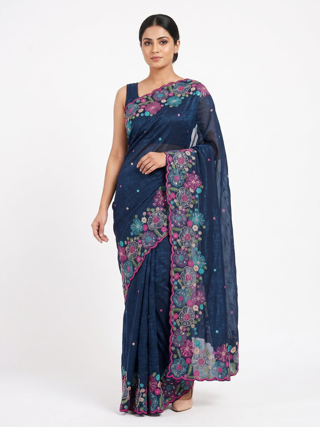 Blue Sheer Chiffon Saree with Artistic Floral Sequins Work - Image 1