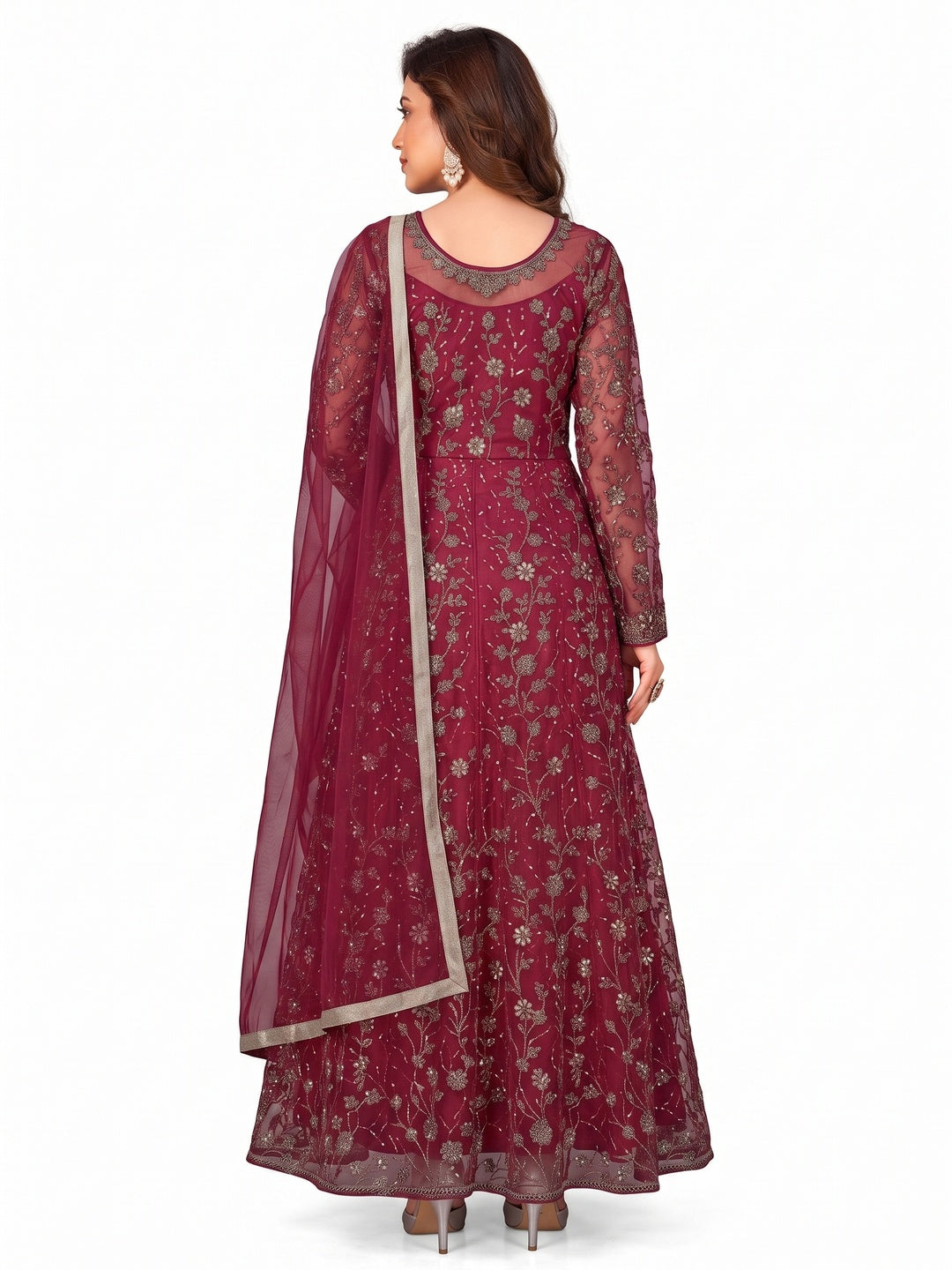 Pink Embroidered Net Semi Stitched Anarkali Style Suit - Image 2