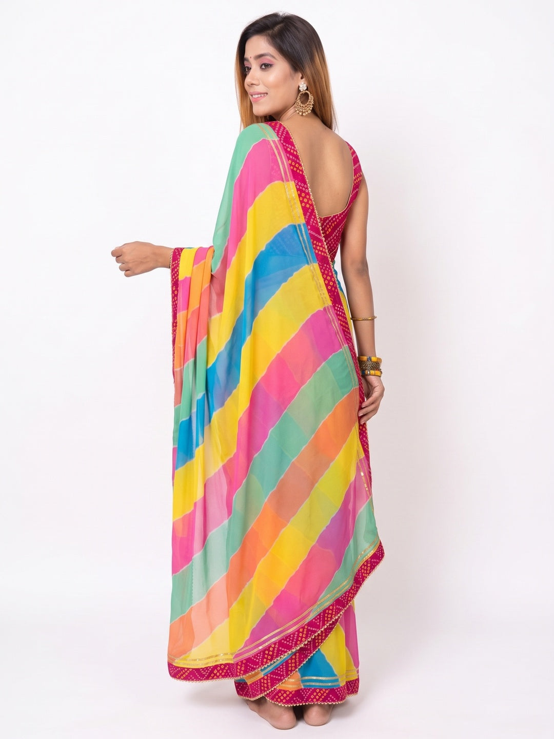 Multicolour Stripes Printed Georgette Saree - Image 2