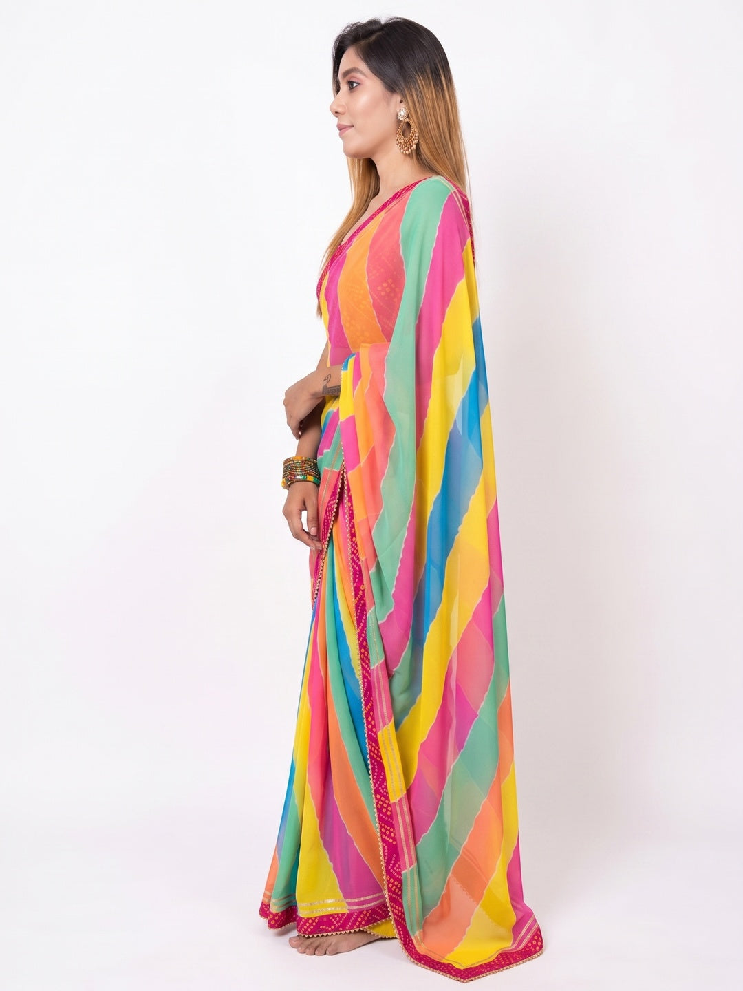 Multicolour Stripes Printed Georgette Saree - Image 3