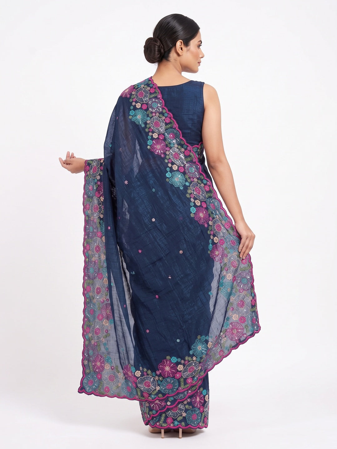 Blue Sheer Chiffon Saree with Artistic Floral Sequins Work - Image 2