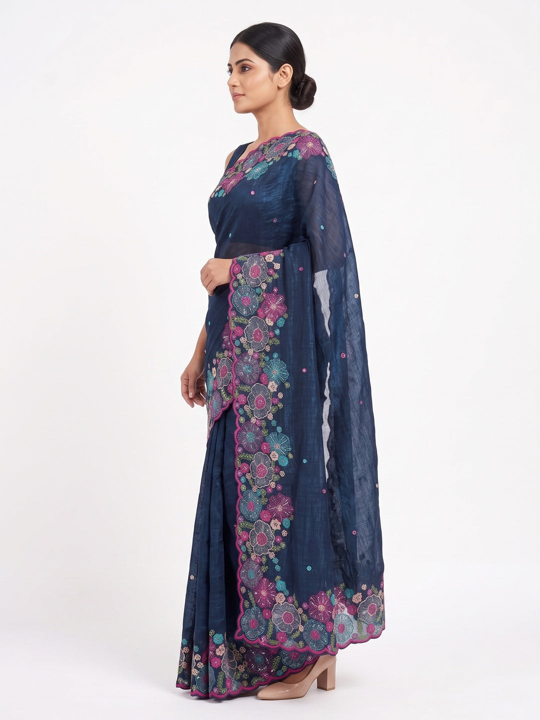 Blue Sheer Chiffon Saree with Artistic Floral Sequins Work - Image 3