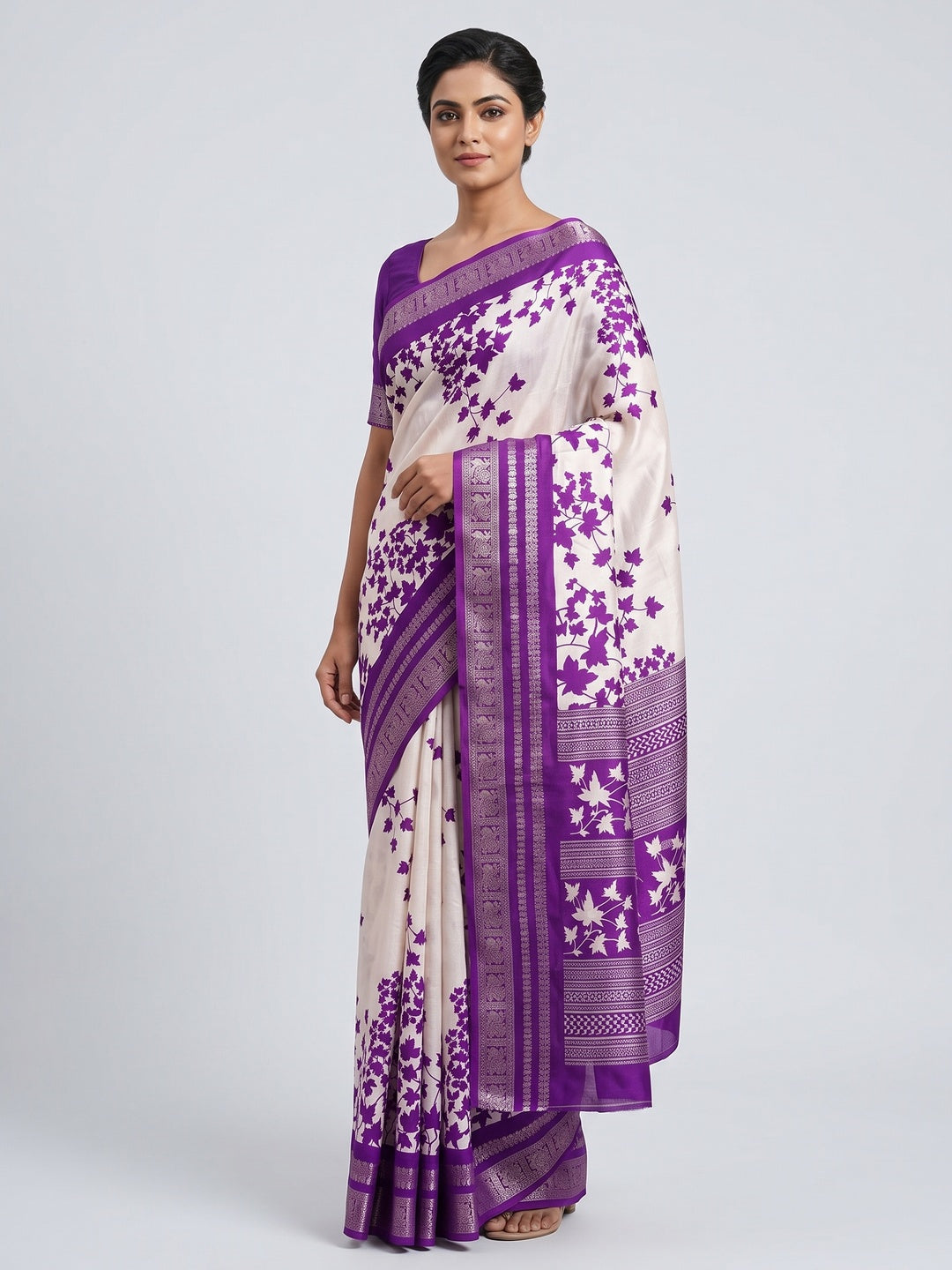 Purple & Offwhite Floral Printed Dola Silk Saree With Zari Border - Image 1